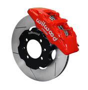 Wilwood Mazda Miata front single-side assembly with a red Dynapro 6 caliper beside the slotted rotor ring