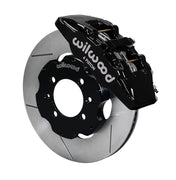 Wilwood Mazda Miata front single-side assembly with a black Dynapro 6 caliper beside the slotted rotor ring