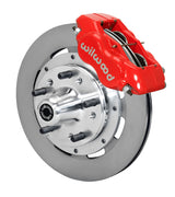 Wilwood AMC Kelsey-Hayes spindle front single-side assembly with a red Forged Dynalite Internal caliper beside the plain-face rotor and protruding wheel studs