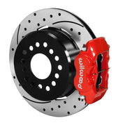 Wilwood AMC Javelin and Javelin AMX rear single-side assembly with a red Forged Dynalite Internal caliper beside the drilled-and-slotted rotor