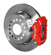 Wilwood AMC Javelin and Javelin AMX rear single-side assembly with a red Forged Dynalite Internal caliper beside the plain-face rotor