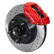 Wilwood Ford/Mercury front Dynalite-M brake kit assembly example, showing a red caliper positioned over the drilled and slotted rotor/hub