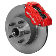 Wilwood Ford/Mercury front Dynalite-M brake kit assembly example, showing a red caliper positioned over the plain-face rotor/hub