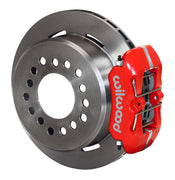 Wilwood BOP rear Dynapro Low-Profile parking-brake kit assembly example, showing a red caliper positioned over the plain-face rotor and mounting hat