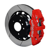 Wilwood BMW rear AERO4 brake kit assembly example, showing a red caliper positioned over the slotted rotor and mounting hat