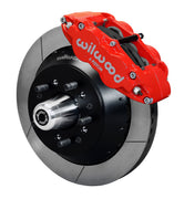 Wilwood full-size Ford/Edsel/Mercury front Superlite brake kit assembly example, showing a red caliper positioned over the slotted rotor and mounting hat