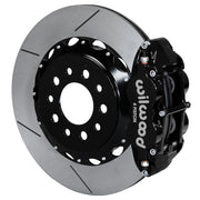 Wilwood Morrison IRS rear Superlite brake kit assembly example, showing a black caliper positioned over the slotted rotor and mounting hat