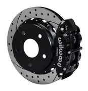 Wilwood Bronco New Style rear 14-inch Superlite brake kit assembly example, showing a black caliper positioned over the drilled and slotted rotor and mounting hat