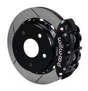 Wilwood Bronco New Style rear 14-inch Superlite brake kit assembly example, showing a black caliper positioned over the slotted rotor and mounting hat