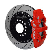 Wilwood Mustang BMR rear AERO4 parking-brake kit assembly example, showing a red caliper positioned over the drilled and slotted rotor and mounting hat