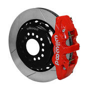 Wilwood Mustang BMR rear AERO4 parking-brake kit assembly example, showing a red caliper positioned over the slotted rotor and mounting hat