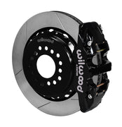 Wilwood Mustang BMR rear AERO4 parking-brake kit assembly example, showing a black caliper positioned over the slotted rotor and mounting hat