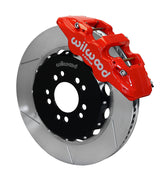 Wilwood Corvette C7 front AERO6 brake kit assembly example, showing a red caliper positioned over the slotted rotor and mounting hat