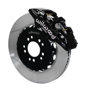 Wilwood Corvette C7 front AERO6 brake kit assembly example, showing a black caliper positioned over the slotted rotor and mounting hat