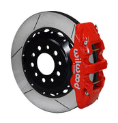 Wilwood Corvette C7 rear AERO4 brake kit assembly example, showing a red caliper positioned over the slotted rotor and mounting hat