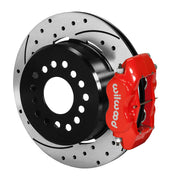 Wilwood Ford 8.8 Special rear Dynalite brake kit assembly example, showing a red caliper positioned over the drilled and slotted rotor and mounting hat