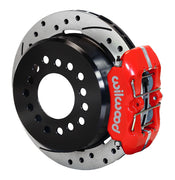 Wilwood Ford 8.8 Special rear Dynapro brake kit assembly example, showing a red caliper positioned over the drilled and slotted rotor and mounting hat