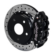 Wilwood Bronco 2.00-inch-offset rear 14-inch brake kit assembly example, showing a black caliper positioned over the drilled and slotted rotor and mounting hat