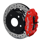 Wilwood Bronco 2.00-inch-offset rear 14-inch brake kit assembly example, showing a red caliper positioned over the drilled and slotted rotor and mounting hat