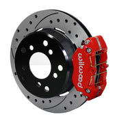 Wilwood Bronco 2.00-inch-offset rear Dynapro brake kit assembly example, showing a red caliper positioned over the drilled and slotted rotor and mounting hat