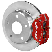 Wilwood Bronco 2.00-inch-offset rear Dynapro brake kit assembly example, showing a red caliper positioned over the plain-face rotor and mounting hat