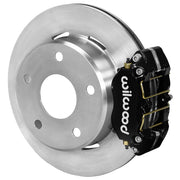 Wilwood Bronco 2.00-inch-offset rear Dynapro brake kit assembly example, showing a black caliper positioned over the plain-face rotor and mounting hat