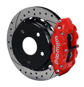 Wilwood Bronco 2.00-inch-offset rear Superlite brake kit assembly example, showing a red caliper positioned over the drilled and slotted rotor and mounting hat