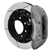 Wilwood gray TX6R rear caliper with a 16-inch slotted rotor and hat for the 4.63-inch GM/H2 axle register