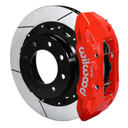 Wilwood red TX6R rear caliper with a 16-inch slotted rotor and hat for the 4.63-inch GM/H2 axle register