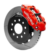 Wilwood red Superlite 6R caliper over an assembled 12.88-inch slotted rotor and separate mounting hat