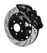 Wilwood black AERO6 front caliper with an assembled 14-inch drilled-and-slotted rotor and black mounting hat, shown for S550 Mustang or specified Ridetech hub spindles