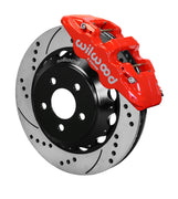 Wilwood red AERO6 front caliper with an assembled 14-inch drilled-and-slotted rotor and black mounting hat, shown for S550 Mustang or specified Ridetech hub spindles