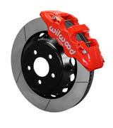 Wilwood red AERO6 front caliper with an assembled 14-inch slotted rotor and black mounting hat, shown for S550 Mustang or specified Ridetech hub spindles