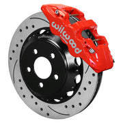 Wilwood red AERO6 front caliper with an assembled 15-inch drilled-and-slotted rotor and black mounting hat, shown for S550 Mustang or specified Ridetech hub spindles