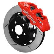 Wilwood red AERO6 front caliper with an assembled 15-inch slotted rotor and black mounting hat, shown for S550 Mustang or specified Ridetech hub spindles