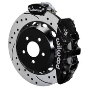 Wilwood black AERO4 service caliper and MC4 parking caliper around a 14-inch drilled-and-slotted rotor, shown for S550 Mustang