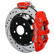 Wilwood red AERO4 service caliper and MC4 parking caliper around a 14-inch drilled-and-slotted rotor, shown for S550 Mustang