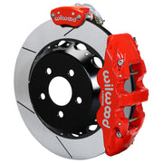 Wilwood red AERO4 service caliper and MC4 parking caliper around a 14-inch slotted rotor, shown for S550 Mustang