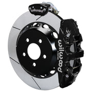 Wilwood black AERO4 service caliper and MC4 parking caliper around a 14-inch slotted rotor, shown for S550 Mustang