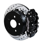 Wilwood black Superlite 4R caliper over an assembled 12.88-inch drilled-and-slotted rotor and separate mounting hat