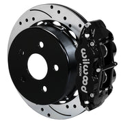 Wilwood black Superlite 4R caliper over an assembled 14.00-inch drilled-and-slotted rotor and separate mounting hat