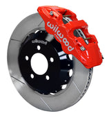 Wilwood red AERO6 caliper over an assembled 14.25-inch slotted rotor and separate mounting hat