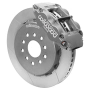 Wilwood gray Forged Superlite 4R caliper over an assembled 13.06-inch slotted rotor and separate mounting hat
