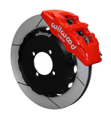 Wilwood red Dynapro 6 caliper over an assembled 12.88-inch slotted rotor and separate mounting hat