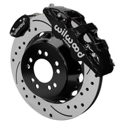 Wilwood black AERO4 service caliper and MC4 parking caliper around a 14-inch drilled-and-slotted rotor, shown for Currie Pro-Tour unit-bearing axles