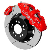 Wilwood red AERO4 service caliper and MC4 parking caliper around a 14-inch slotted rotor, shown for Currie Pro-Tour unit-bearing axles