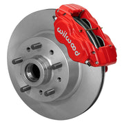 Wilwood red Dynalite-M front caliper around an 11.03-inch plain vented hub-and-rotor unit with studs, shown for Mustang II, Pinto and Bobcat disc spindles