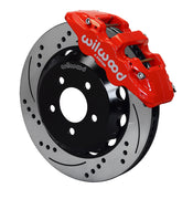 Wilwood red AERO6 front caliper with an assembled 14-inch drilled-and-slotted rotor and black mounting hat, shown for 2016–2024 Camaro