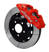 Wilwood red AERO6 front caliper with an assembled 14-inch slotted rotor and black mounting hat, shown for 2016–2024 Camaro