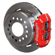 Wilwood Dynapro Low-Profile brake kit: Red low-profile Dynapro caliper beside a plain rotor with a deep black hat; 11-inch rear brake setup for 12-Bolt C-Clip.